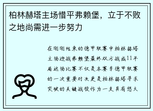 柏林赫塔主场惜平弗赖堡，立于不败之地尚需进一步努力