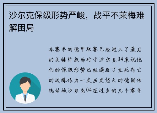 沙尔克保级形势严峻，战平不莱梅难解困局